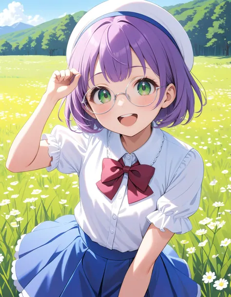 1girl, original character, high-key bright kawaii moe anime illustration, upper body cinematic angle of a cute nerdy girl in a meadow landscape with clear skies, rule of thirds, dynamic pose in motion,
silver metallic spectacles glasses, purple hair, green...