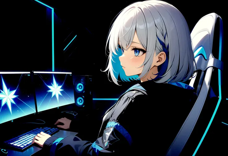 1girl, blue archive, white_hair, black_jacket, closed_mouth,blue colored_inner_hair, head_out_of_frame, jacket, denim bottom, small_breasts, multicolored_hair, blue_hair, short_hair, solo, upper_body, sitting on gaming chair, dark loom, looking at PC, shoo...