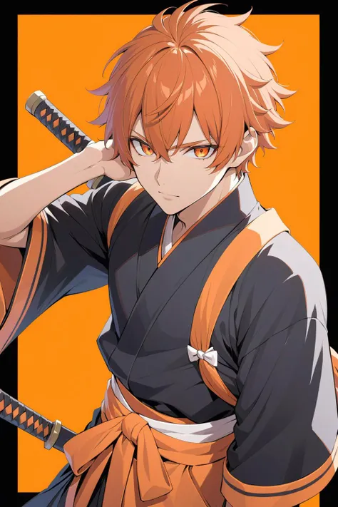 (masterpiece, best quality:1.2), kurosaki_ichigo, 1boy, black_border, black_shirt, border, colored_shadow, dutch_angle, hair_between_eyes, holding, holding_weapon, japanese_clothes, looking_at_viewer, male_focus, orange_eyes, orange_hair, orange_theme, pol...