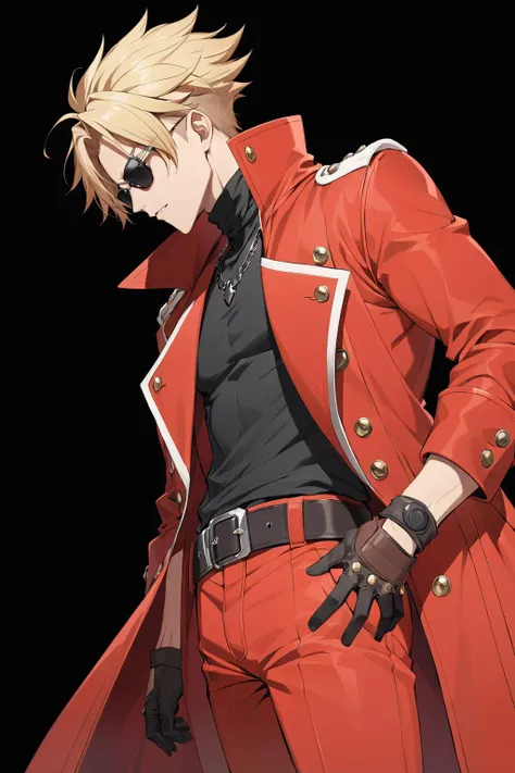 masterpiece, best quality, vash_the_stampede, 1boy, black_background, blonde_hair, coat, collared_coat, cowboy_shot, fingerless_gloves, gloves, male_focus, pants, profile, red_coat, simple_background, solo, sunglasses, turtleneck_shirt, undercut