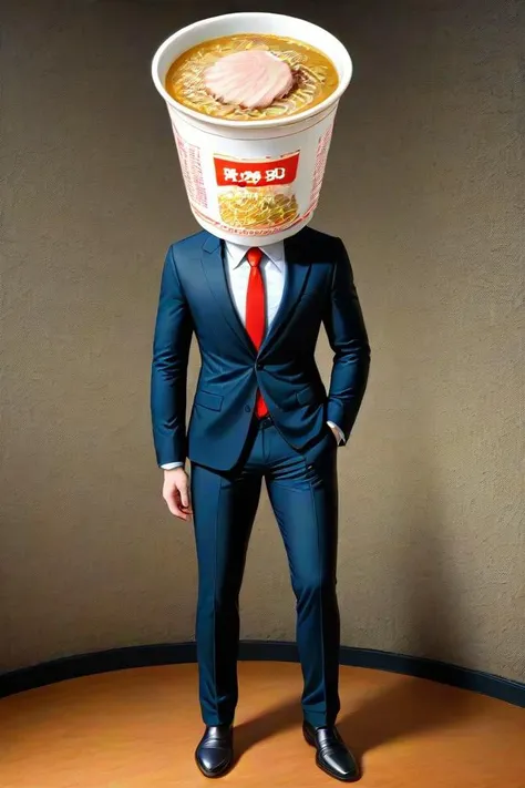 a close up of a person in a suit and tie with a cup of ramen