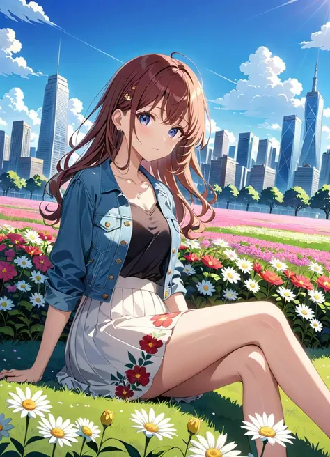 anime artwork masterpiece, best quality, very aesthetic, 1girl, solo, sitting in a field of flowers, enjoying the view, wavy hair, denim jacket, white skirt, floral skirt, medium skirt, black shirt, open sky, city skyline, skyscrapers, skyline view, aftern...