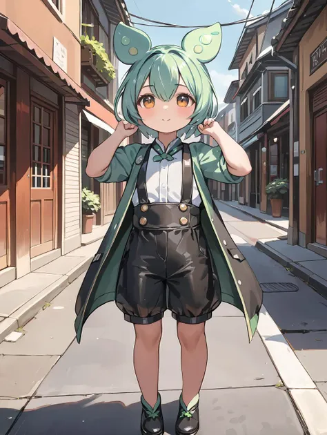 anime girl in a short skirt and green hair standing on a street