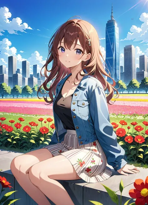 anime artwork masterpiece, best quality, very aesthetic, 1girl, solo, sitting in a field of flowers, enjoying the view, wavy hair, denim jacket, white skirt, floral skirt, medium skirt, black shirt, open sky, city skyline, skyscrapers, skyline view, aftern...