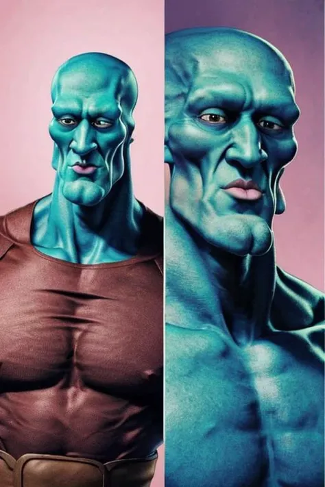 fistnorthstar, handsome-squidward, blue skin, pink lips, brown clothes, (extremely detailed), <lora:FistNorthStar:0.85>  <lora:handsome-squidward:0.8>