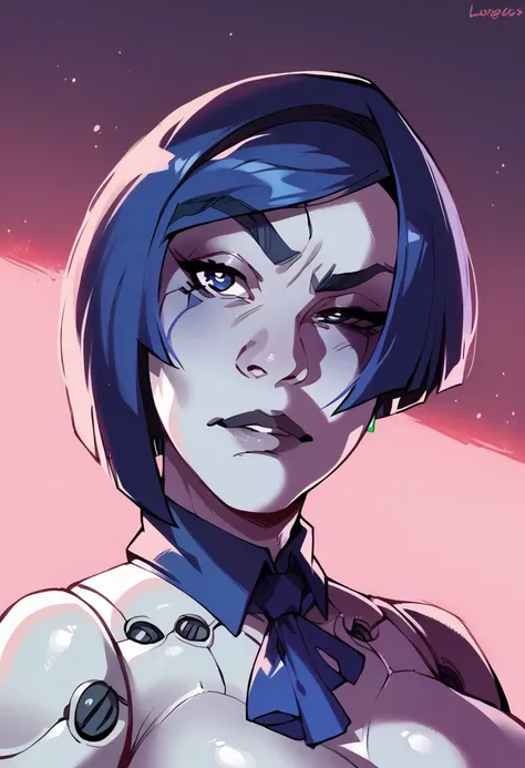 a close up of a woman with blue hair and a tie