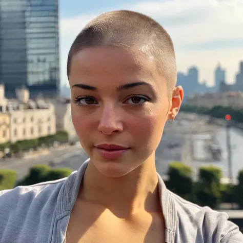 arafed woman with shaved head and grey shirt looking at camera