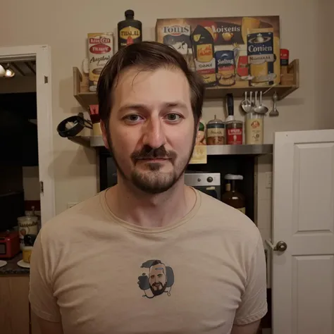 there is a man standing in a kitchen with a mustache on his face