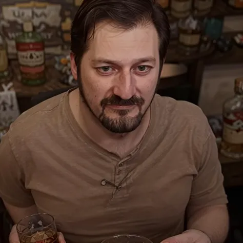 there is a man holding a glass of alcohol in front of a cake