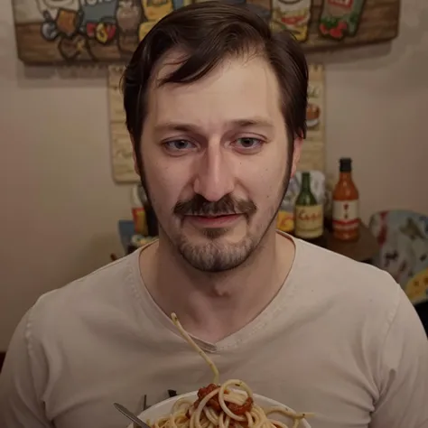 arafed man holding a plate of spaghetti with a fork and knife