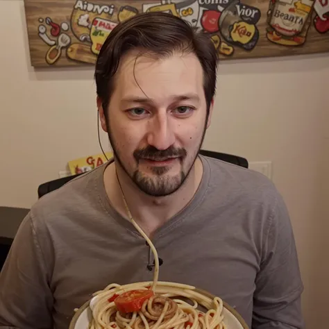 arafed man holding a plate of spaghetti with tomato sauce