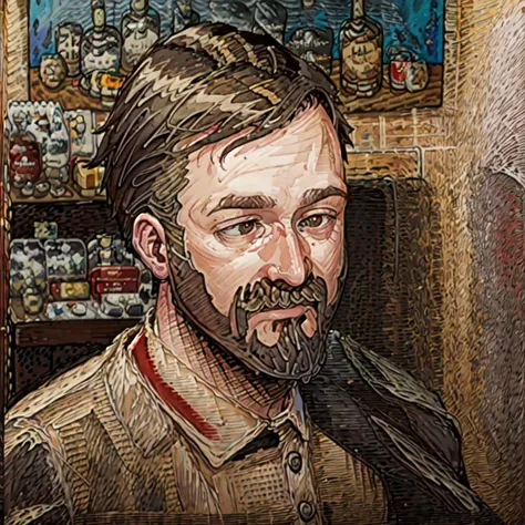 there is a painting of a man with a beard and a bird on his shoulder