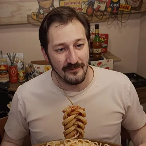 arafed man holding a plate of spaghetti with a fork