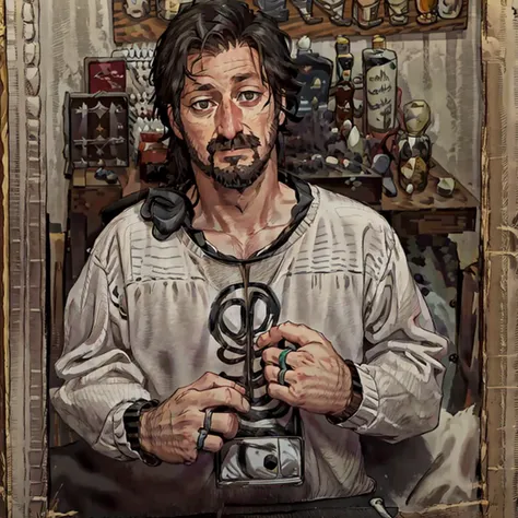 painting of a man holding a camera in front of a mirror