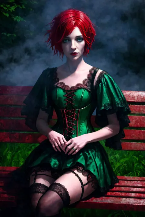 a photo of a 45 year old women, 1 women, <lora:Tomboy0.6:0.8>, tomboy, short hair, messy hair, red hair, green eyes, small breasts, lace up corset dress, sitting on a bench, ((suductive smurk)), looking at viewer, an abstract painting by jeremy mann, shutt...