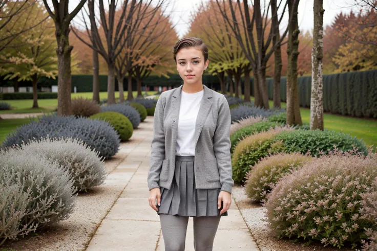 An 18 year old woman, 1girl, short brown hair, brown hair, short back and sides brown hair, tomboy, short hair, very short hair, brown eyes, grey clothes, grey blazer, grey jumper, short grey pleated skirt, knee high (((grey stockings))), standing up, look...