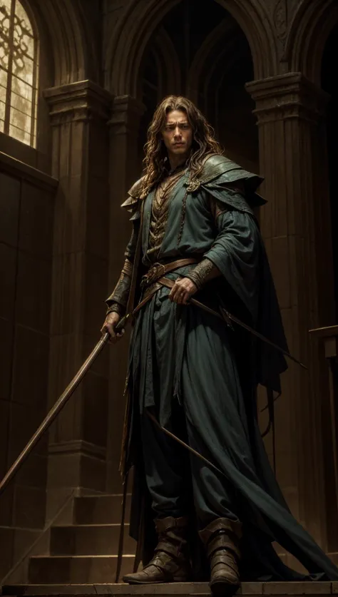 a man in a green robe and a sword standing on a stair