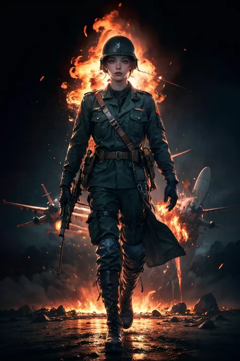 a woman in a uniform walking through a field with flames