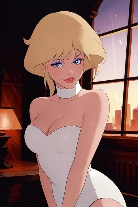 (dark shot:1.4), 80mm, (dark theme:0.6), holwod, 1girl, solo, looking at viewer, smile, short hair, blue eyes, blonde hair, cleavage, bare shoulders, medium breasts, upper body, choker, makeup, retro artstyle, 1980s (style) <lora:holwod:0.55>
smirk solo...