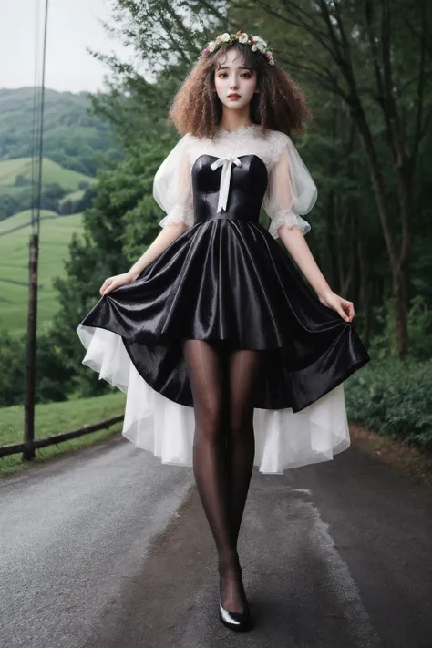 a woman in a black and white dress is walking down a road