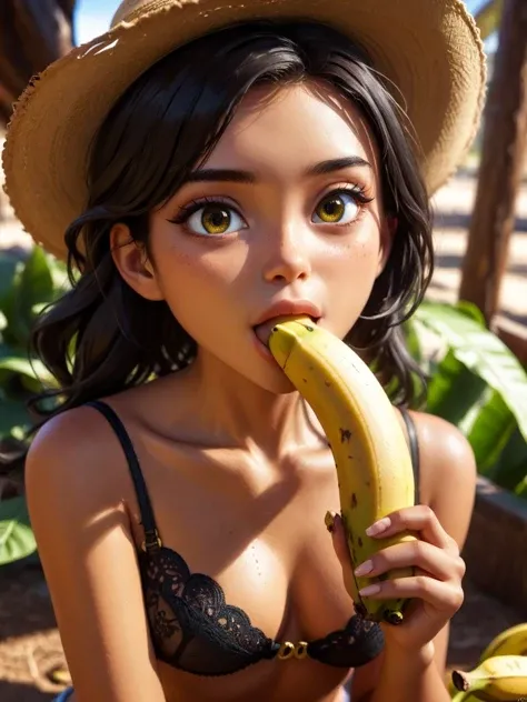 stunning epic fantastic amazing cowboy shot digital painting anime style pixar of girl eating banana detailed eyes looking at viewer sparkling eyes naughty face panties cameltoe perfect skin  <lora:SDXL ST paint LaxpeintXL-2.0:0.6> ,   35mm film profession...