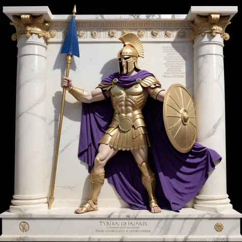 Greek Antiquity, Marble Slab ivory temple. Greek God of the Hoplite Warrior, spear of the Phalanx. chiseled prophecy of the protectorate of Athens, imbued with sapphire gems and gold bands, heroic fable, Tyrian purple Cloak.
Memorial to the fallen soldiers...