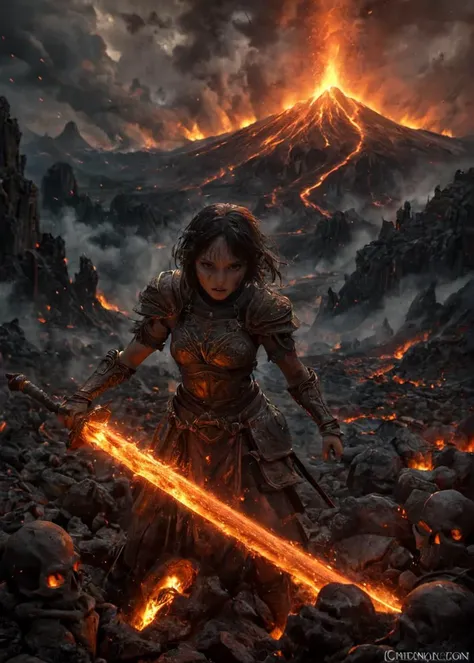 a woman in armor holding a sword in front of a volcano