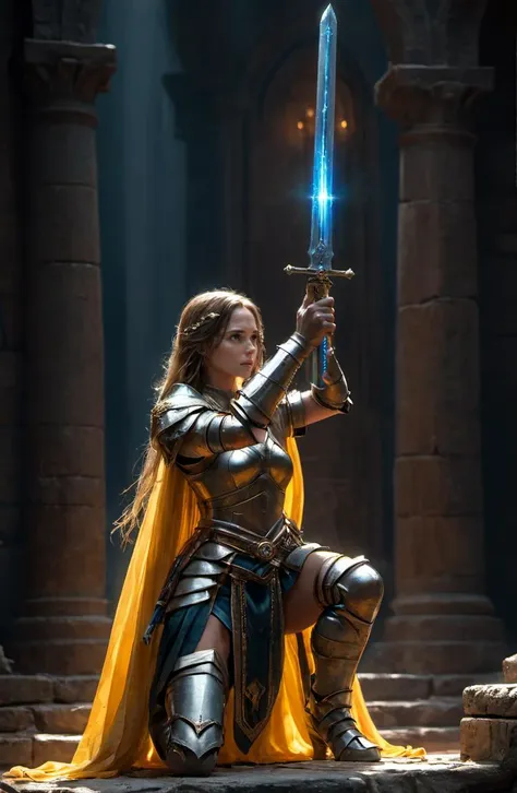 a woman in armor holding a sword in a dark room