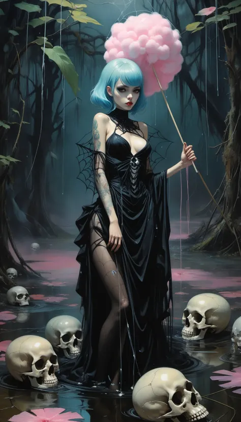 spiderwebs, skulls, wallpaper, there is ugliness in beauty, but there is also beauty in ugliness. desolate, abstract, surrealistic, cotton candy, swamp, funeral, futuristic,in the style of adrian ghenie, esao andrews, jenny saville, edward hopper, surreali...