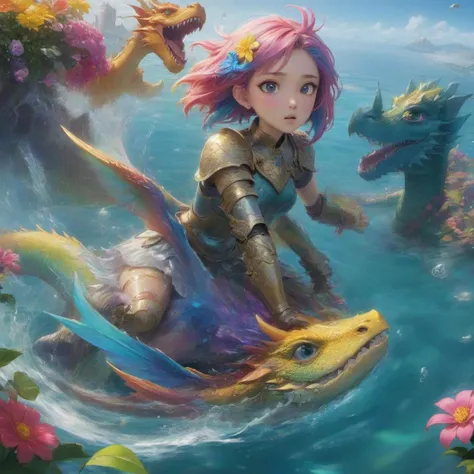 multiple dragons flying in the sky,1girl,colourful hair,colourful armor,full_shot,girl riding dragon,dynamic angle,rainbow hair,detailed cute anime face,flower,cry,water,corrugated,flowers tire,broken glass,(broken screen),atlantis,transparent glass,