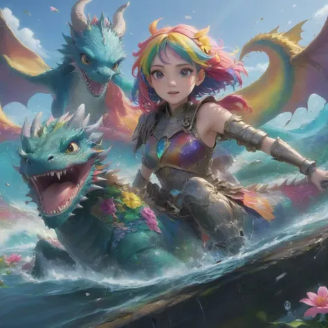 multiple dragons flying in the sky,1girl,colourful hair,colourful armor,full_shot,girl riding dragon,dynamic angle,rainbow hair,detailed cute anime face,flower,cry,water,corrugated,flowers tire,broken glass,(broken screen),atlantis,transparent glass,