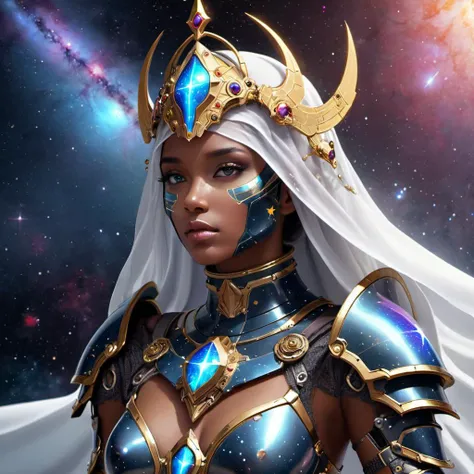 sexy Galactic Guardian: Armored in celestial armor, adorned with pulsar gems, veiled in the cosmic dust of distant stars.