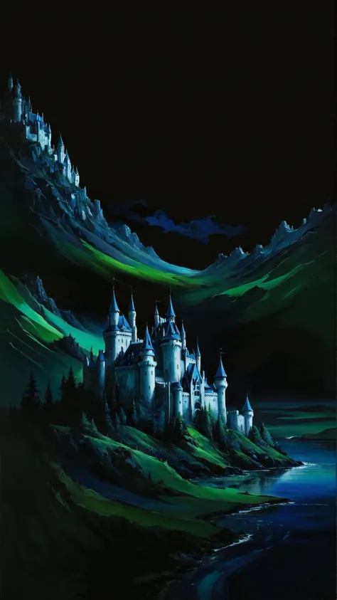 an abstact painting, landscape with a castle in dark blue and green colors