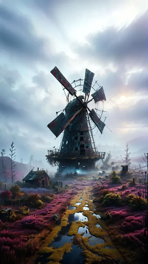 low angel, An ancient dilapidated windmill stands alone on the desolate moor its once proud sails now rotten and hanging by a thread. Shrouded in a thick mist the surreal scene is illuminated by the vibrant hues of heather and other moorland plants. The st...