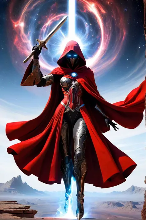 in the vast expanse of the galaxy, a being cloaked in black and red soars through the void. this figure, embodying both wisdom and folly, wields a radiant sword that glows with an inner fire. the beings long, flowing cloak billows behind them as they grace...