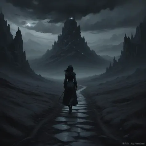 a person walking down a path in the middle of a dark mountain