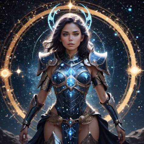 sexy Woman in Arcane Astral Armor: Glimmers with shifting constellations, each piece a portal to distant galaxies.