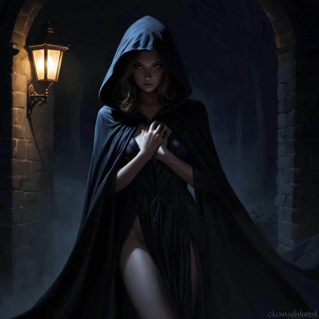 a woman in a black cloak and a black cape is standing in a dark room