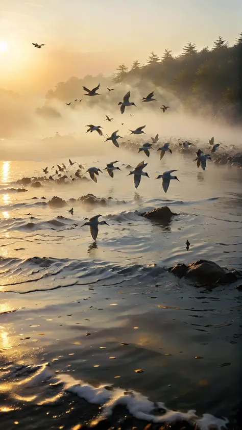 flock of birds flying over the water at sunset on a foggy day