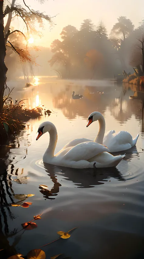 there are two swans swimming in a lake with leaves on the water