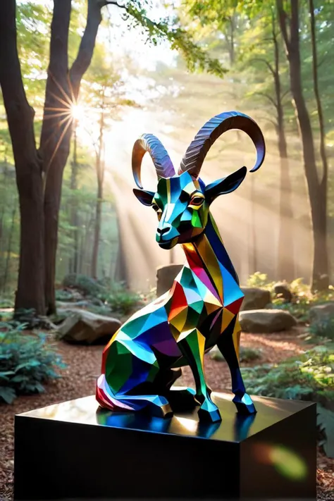 in the heart of a mystical forest, an enigmatic sculpture captures the essence of wisdom and folly. the sculpture, crafted from multicolored glass, depicts the figure of a goat with a serene expression, its large curved horns reaching towards the sky as if...