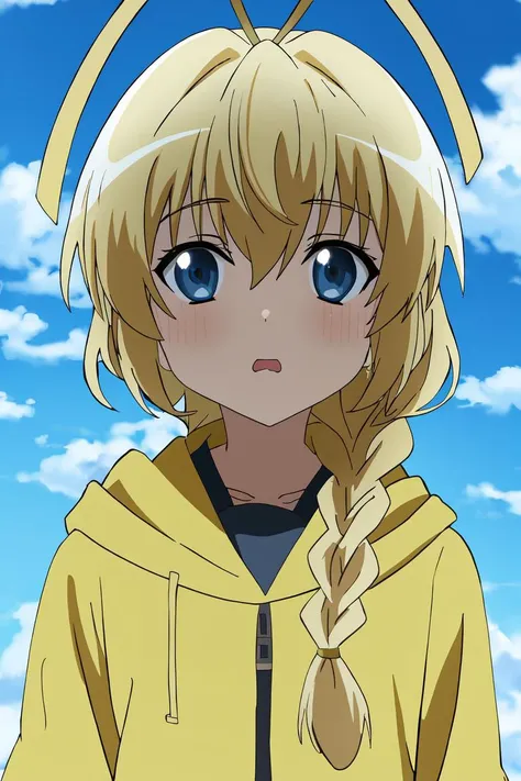 anime girl with blonde hair and blue eyes in yellow jacket