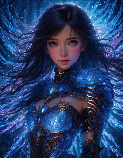 ((fullbody)),((full shot)),(masterpiece,best quality:1.5),photorealistic,asian,1girl,wavy hair,black hair with crimson highlight,blue eyes,in the style of dark azure and light azure,mixes realistic and fantastical elements,uhd image,glassy translucence,vib...