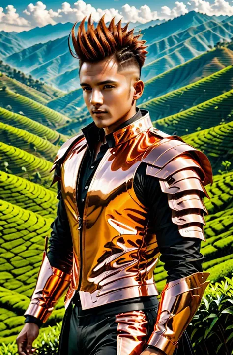 <lora:HaDeS_Armor_XL_V2.0-000004:1> copper fauxhawk male in (crstlhdsrmr hlhdsrmr:1.3), (standing in an s-shape),  Rolling Hills of Tea Plantations background