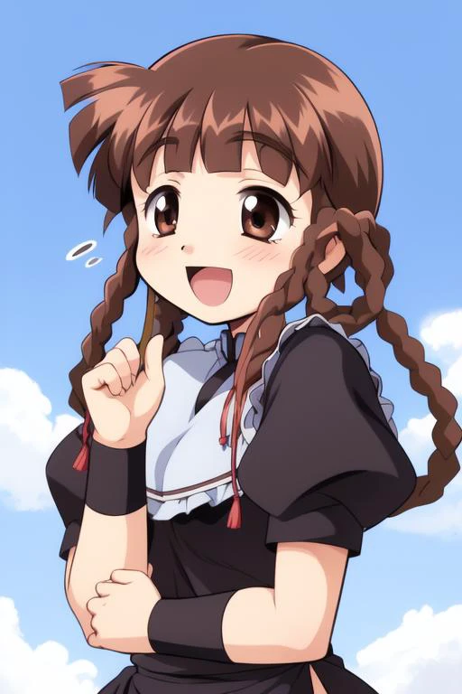 <lora:Watanuki_Yumiko:0.8>, WatanukiYumiko, 1girl, soro, brown_hair, brown_eyes, hair_rings,   braid, twin_braids,  bangs, 
dress, open mouth, smile, short sleeves, wristband, puffy sleeves, cowboy shot, :d, black dress, puffy short sleeves, blush, sky, ou...