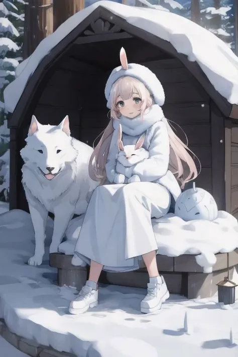 anime girl sitting on a bench with a dog in front of her