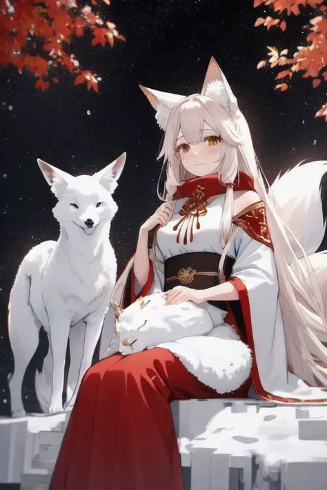 anime girl with long white hair sitting on a bench with a white dog