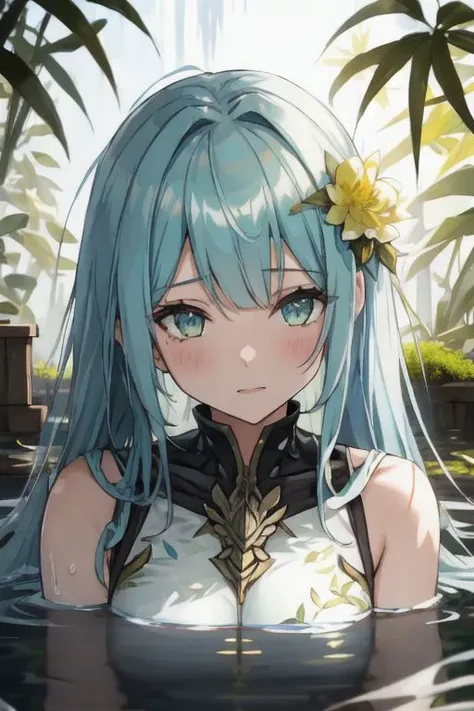 a woman with blue hair and a flower in her hair