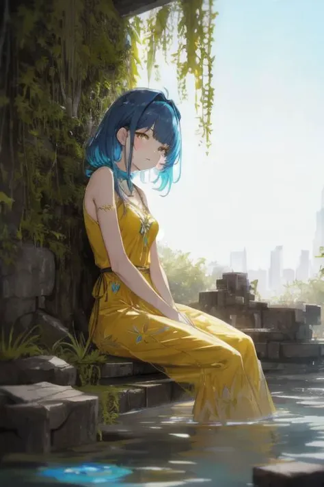 a woman sitting on a bench in a yellow dress next to a body of water