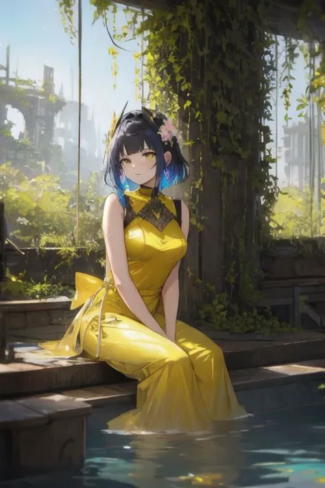 a woman in a yellow dress sitting on a bench next to a pool